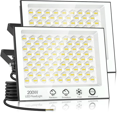 Papasbox 2 Stück 200W LED Strahler Außen | Scheinwerfer 6500K Kaltweiß Außenstrahler IP66 Wasserdicht Fluter für Garten Sportplatz
