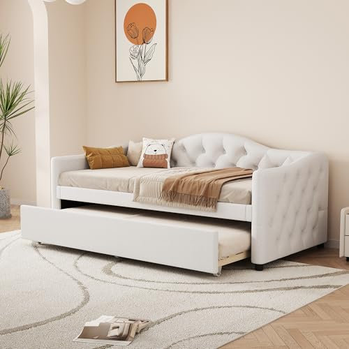 Daybettt, 90x200cm Tagesbett mit ausziehbarem Bett,Schlafsofa, Einzelbett(Ohne Matratze), Leinen, minimalistisches Styling (Beige)