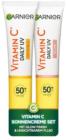 Garnier Skin Active Sonnenschutz Fluid Set: Vitamin C Invisible Fluid LSF 50+ (40ml) + Vitamin C Glow Fluid LSF 50+ (40ml) | Schützt Haut vor Sonnenschäden - Mit Glow Finish & Unichtbarem Fluid