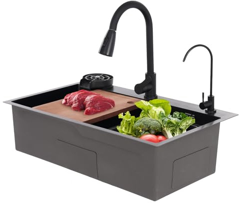 MINRS Évier de cuisine noir avec robinet, 75 x 45 cm, encastrable avec lave-vaisselle à tasses, planche à découper et égouttoir, 1 bac avec trois modes de sortie d'eau