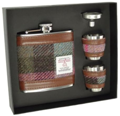 Green and Rose Pink Tartan Harris Tweed 6oz Stainless Steel Hip Flask Cup Set