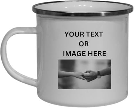 Merch Kingdom Personalised Enamel Mug with Text Or Image Gift for Valentines Day, Christmas, Birthday, Camping and Adventure.