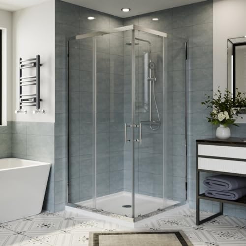 Aquariss 1000x1000x1900mm Square Shower Enclosure Sliding Doors Corner Entry Bathroom Enclosure Cubicle Chrome with White Shower Tray & Free Waste