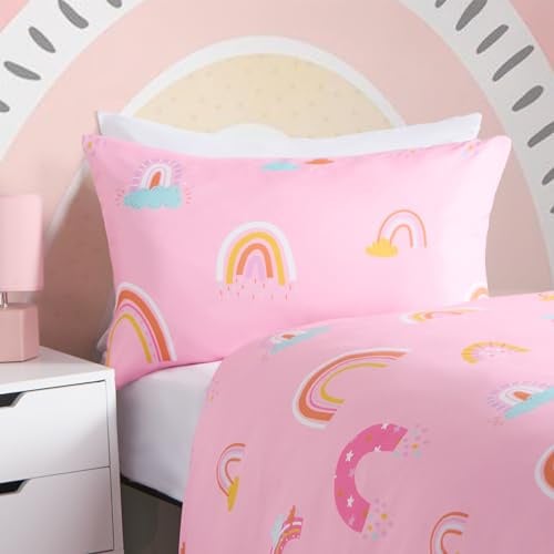 OHS Pink Bedding Girls Single Duvet Cover Set, Stylish Bright Rainbow Super Soft Cosy Microfibre Girls Bedding Single Reversible White Dash Kids Duvet Cover Single with Pillowcase