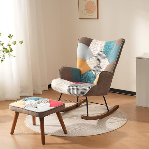 HAINEW Schaukelstuhl Schwingsessel mit Hocker und Armlehnen, Schaukelsessel Relaxsessel Polstersessel mit Holzsockel, Relaxstuhl für Wohnzimmer, Schlafzimmer, Bis 90 Kg Belastbar, Bunt