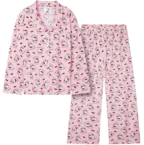 Hello Kitty Sanrio Pyjama Fille et Ado, Ensemble Haut et Bas, Tenue de Nuit Enfant Kawaii, Pyjama Hiver Doux et Confortable
