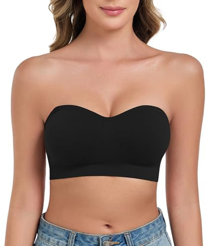 ANGOOL Women's Bandeau Bra Strapless Non-Wired Padded Seamless Multiway Convertible Straps Full Support Non-Slip, Black, XL