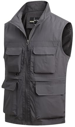 MeiLayM Herren Outdoor Weste Anglerweste mit Vielen Taschen Schnelltrocknende Sport Weste Atmungsaktiv Freizeitweste Leicht Multifunktionsweste Jagd Fotografie Ärmellos Jacke Grau,XL