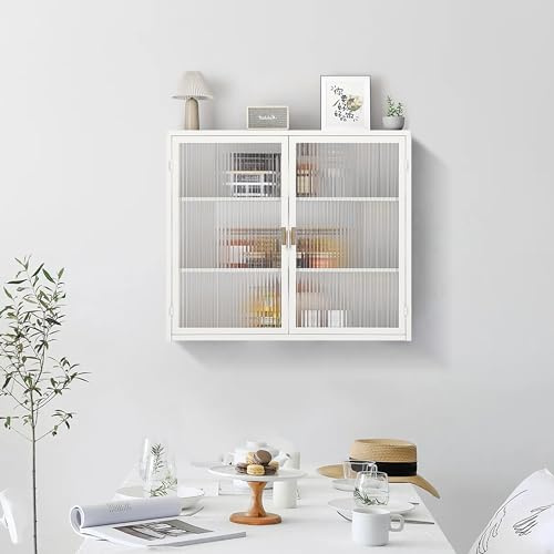 Merax Hängevitrine Glasvitrine Wandschrank Hängeregal Schaukasten, 2 Glastüren, für Esszimmer Küche Wohnzimmer Büro Badezimmer Eingangsbereich, Weiß/70x23x60 cm