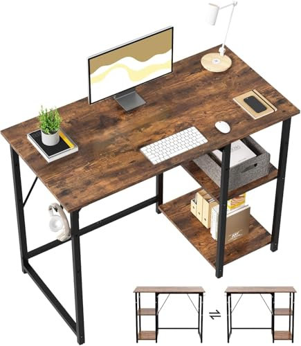 Airfish Mesa Escritorio, Escritorio Ordenador con Estanteria, Mesa de Juego, 140x50x75cm, con Estante Organizador, Gancho para Auriculares, para Oficina, Dormitorio, Sala de Estudio Marrón