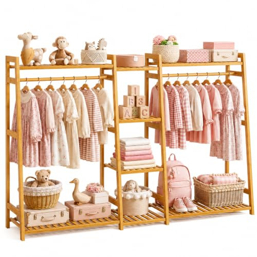 BAMBOOHOMIE Kids Clothing Rack with Shelves, Bamboo Clothes Garment Rack for Kid Child Baby, Kids Dress Up Storage Rack with Top Shelf, Toddlers Wardrobe Closet for Nursery (Large Size)