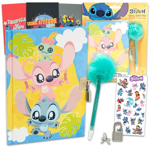 Disney Stitch Diary and Pen Set - Bundle Mini 60-Sheet Journal with Real Padlock and Pen Plus Mini Posters and Stickers | Stitch and Angel Diary for Girls, Kids