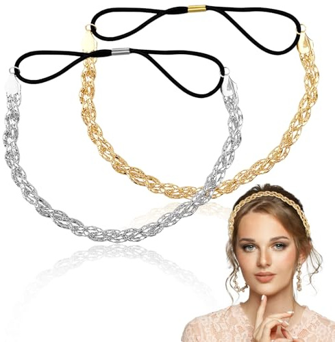 2PCS Gold Silver Headband,Sparkly Metal Rhinestone Braided Elastic Headband,for Women Fashion Wedding Headpiece Jewelry Hair Accessories for Festival Prom Party