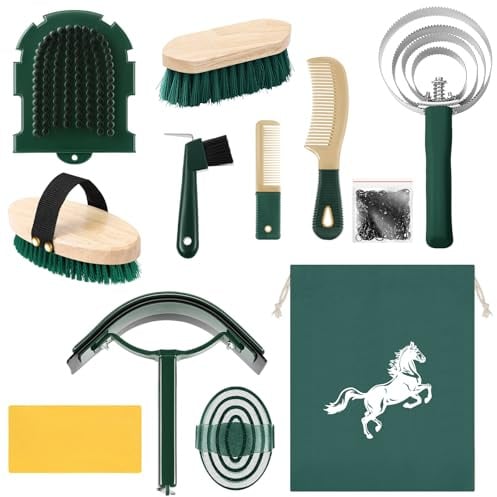 Abbylike 12 Pieces Horse Grooming Kit Equine Care Brushes, Khaki and Green | Hoof Pick Sweat Scraper Comb Shedding Tool Sponge Bag, Show Supplies Tack Room Equestrian Massaging Cleaning Competition
