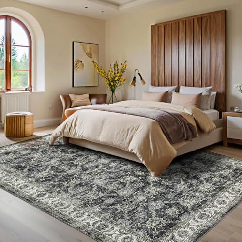 LuxFocus Tappeto lavabile in lavatrice, grande, 160 x 230 cm, antiscivolo, vintage, tradizionale, morbido, a pelo basso, per camera da letto, salotto, sala da pranzo, grigio