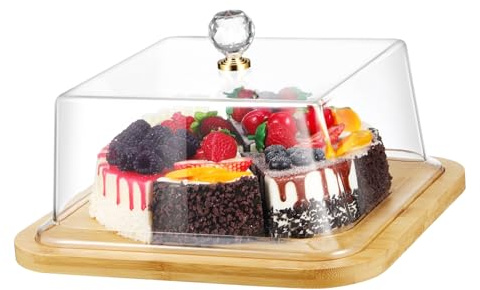 TOBBOMEY Covered Cake Stand with Acrylic Dome Lid and Wooden Base Square Food Display Plate for Cakes Fruits Snacks and Desserts Smooth Edges Practical Fresh-keeping Tray for Kitchen and