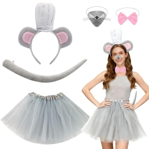 ZXTGBQ 5 PièCes Souris DéGuisement Animal, Ensemble De Costumes De Souris Animale, Oreilles Et Queue De Souri, Bandeau Oreilles De Rat Nez Pour Costume D'Animal Cosplay Anniversaire Carnaval Halloween