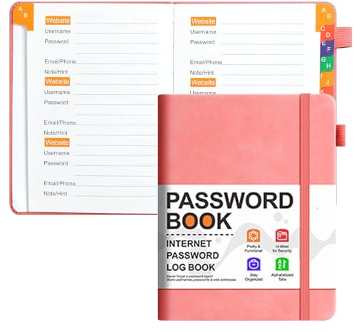 KAFENDA Passwortbuch mit alphabetischen Registerkarten – Adressbuch für Website-Zugangsdaten, Taschenformat 15,5 x 12,3 cm, Hartcover aus PU-Leder