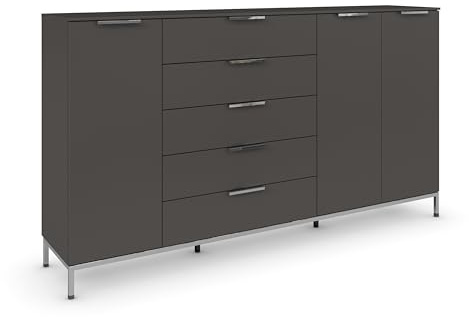 Rauch Möbel Flipp, Kommode, Farbe Graphit, Breite 199 cm | Sideboard, 3-türig, 5 Schubladen, Soft-Close, Griffe, Metallkufe Chrom, für Schlafzimmer, Gästezimmer, Wohnzimmer