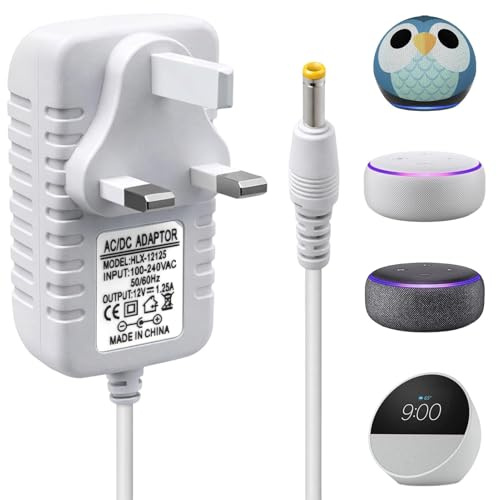 12V 1.25A 15W Power Supply Charger 4.0 * 1.7mm Power Cable White | Compatible with E-cho Dot (3rd/5rd/4th/1st Gen) 3/4 Gen E-cho Kids Edition 3/4 Gen Show 5(1/2Gen) Spot Fire TV Cube