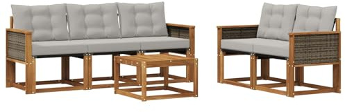 vidaXL Outdoor-Sofagarnitur mit Kissen 6 pcs Natürlich und Hellgrau, Gartenmöbel, modernes Ecksofa, langlebige Terrassen-Sitze, stilvolle Lounge für deinen Outdoor-Bereich