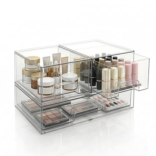 ZHABAYEN 3 Pack Clear Acrylic Makeup Organiser, Stackable Storage Drawers | Versatile Storage Box For Vanity, Bathroom, Kitchen Cupboard & Pantry