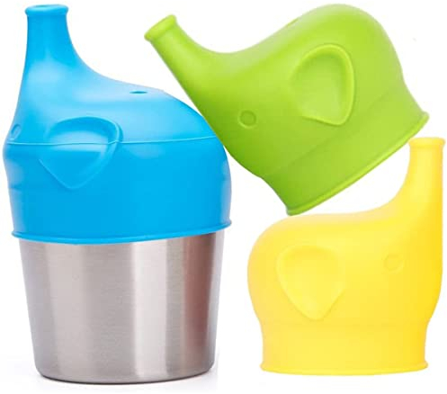 Scoolr Baby Sippy Cup Lids, 3pcs Elephant Spill Proof Food-Grade Silicone Sippy Lids for Kids (Blue+Green+Yellow)