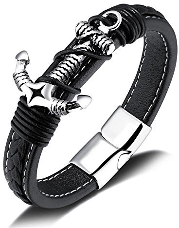 Aruie Bijoux Bracelet Manchette Ancre Anchor Nautique Marin Corde Enroulé Cuir Fermoir Acier Inoxdable Chaîne de Main Classique Tribal Biker Cadeau Homme
