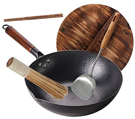 Wokpfanne + Holzdeckel + Essstäbchen+Bambusbürste +Edelstahlschaufel 304 mit Holzgriff, handgehämmerte Wok Pfanne aus Karbonstahl mit Holzgriff,passt für alle Herde,B
