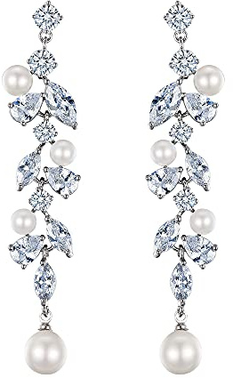 Clearine Ohrringe Cubic Zirconia Simulierte Perle Teardrop Lang Ohrstecker für Hochzeit Braut