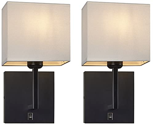 TERLEENART Modern Hard Wired Wall Sconces Set of 2 with on/Off Switch and Square White Fabric Shade,Wall Mounted Light for Living Room Fireplace Mantel Foyer Hallway