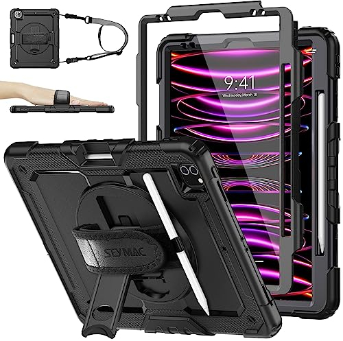 SEYMAC stock Hülle für iPad Pro 12,9 Zoll (2022/2021/2020/2018, 6./5./4./3. Gen), Stoßfeste Robuste Hülle mit Displayschutz, Stifthalter, 360° Drehbarer Ständer/Handschlaufe & Schultergurt, Schwarz