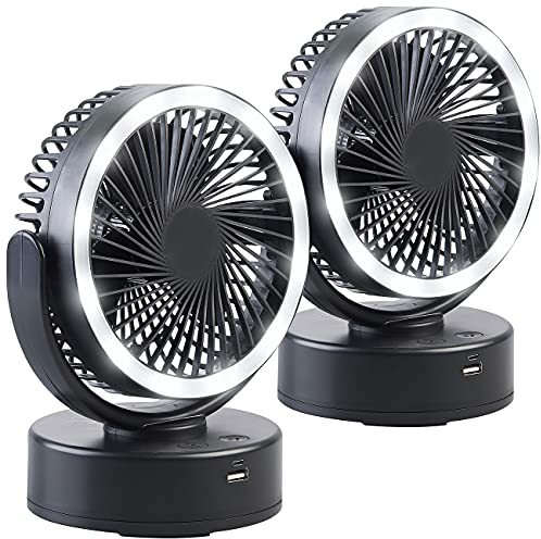 Sichler Haushaltsgeräte Ventilator zum Aufhängen: 2er Pack 3in1-Akku-Camping-Ventilator, LED, USB-Powerbank, Ø 16cm (Lüfter Akku, Hänge-Ventilator, Tischleuchte Batterie)