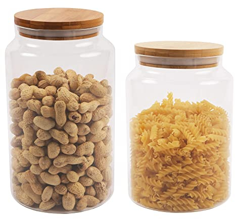 ORNAMI Wide Mouth Large Glass Jar with Natural Bamboo lid, Airtight Clear Canister Biscuits Jar - Set of 2