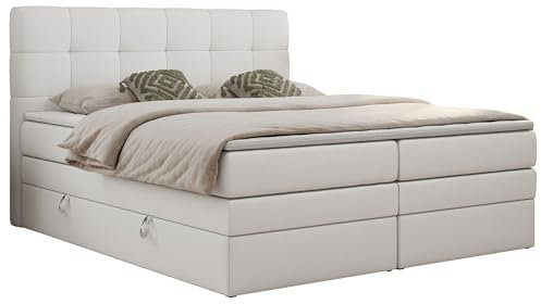 MKS MEBLE King Boxspringbett Weiß 160x200 Mit Bettkasten, Polsterbett Mit Multipocket-Matratze H3, Kopfteil Und Topper - Kunstleder - Luka