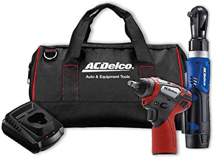 ACDelco ARW1209-K14 G12 Lithium-Ion 12V (10.8V) Electric 3/8” Cordless Ratchet Wrench & 3/8 Impact Wrench Set Power Tool Combo Kit | Tool Set Includes x1 Battery Pack, Charger & Canvas Bag