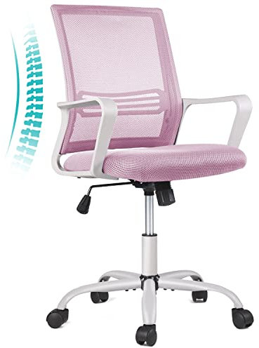 Sedia da ufficio ergonomica rosa con schienale medio in rete, sedia girevole con braccioli di supporto lombare