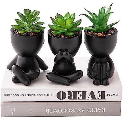 HEYO-YEPY 3PCS Cute Artificial Plant Office Decor for Women and Men, Aesthetic Desk Plant Decor for Office and Home, Potted Small Fake Plants for Indoor Decoration, Black Pots Green Plants