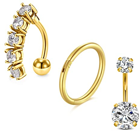 FECTAS 3stk Bauchnabelpiercing 10mm Gold Chirurgenstahl Bauchpiercing Clicker Piercing Bauchnabel Schmuck