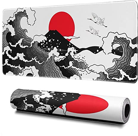 Grand tapis de souris de jeu japonais rouge et noir avec texture marine, base en caoutchouc antidérapant, bords cousus, clavier pour bureau, jeu à domicile, 80 x 30 cm
