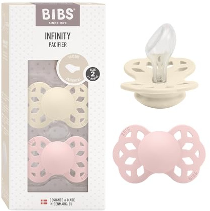BIBS Infinity Schnuller, 6-18 Monate, 2er-Pack, Ivory/Blossom | Anatomischer Sauger | Silikon | Größe 2 | BPA-frei | Hergestellt in Dänemark | Hohe Akzeptanz | Luftlöcher | Komfortschild