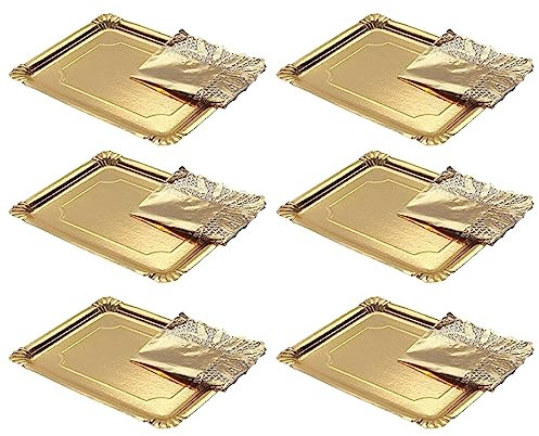 Acan Tradineur - Pack de 6 Bandejas con blonda Rectangular - Especial para Fiestas o Celebraciones - Material reciclable - 25 x 34 cm - Color Oro