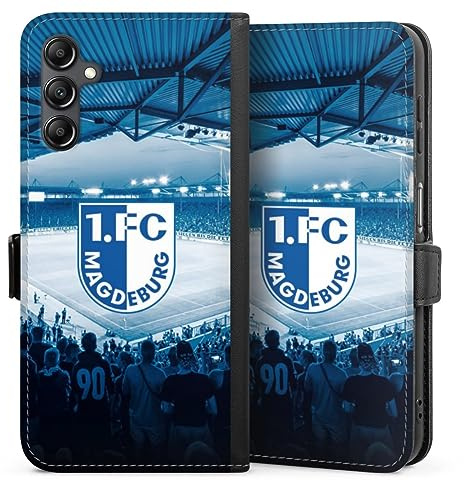 Klapphülle kompatibel mit Samsung Galaxy A 14 5G Handyhülle aus Kunst Leder schwarz Flip Case 1. FC Magdeburg Stadion 1. FCM
