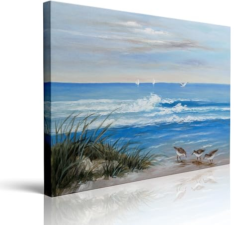 Gerahmte blaue Küste Strand Möwe Vogel Gemälde Trendy Beruhigend Tropischer Ozean Strand Küste Cool Leinwand Wandkunst für Wohnzimmer Elegant Botanische Badezimmer Wanddekoration Drucke fertig zum