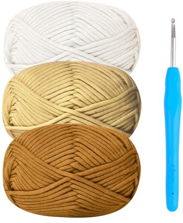 Häkelgarn Baumwolle Häkelwolle Chenille Wolle zum Häkeln 3 x 50g Häkelwolle mit Häkelnadel 4mm,Dickes Baumwoll-Nylon-Mischgarn Khaki