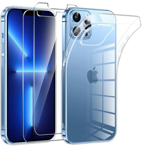 Phoona Coque pour iPhone 13 Pro Max avec 2 Pièces Protection Écran en Verre Trempé,Ultra Transparente Silicone en Gel TPU Souple pour iPhone 13 Pro Max Couqe,Antichoc Anti-Jaune Etui Bumper