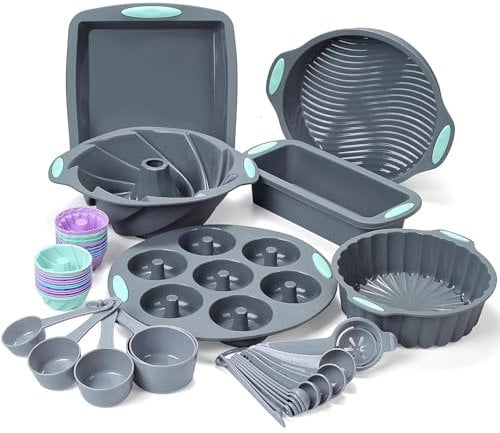 Tongjude 47 Stück Silikon-Backformen Set, 6 Silikon-Kuchenformen, Laib Pfanne, Doughnut Pfannen, Antihaft-Backform, mit Messbecher und Löffel Set, grau