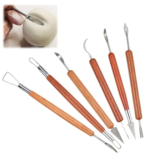 6Pcs Clay Sculpting Tools, Double-Ended Wooden Stainless Steel Polymer Sculpture Modelling Pen Set Professional Wax Carvers Engraving Tools for DIY Pottery Art Crafts Plasticine Dough Ceramic