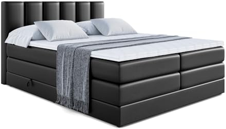 ALTDECOR Boxspringbett mit Matratze und Lattenrost, Topper, Polsterbett mit Bettkasten, Bett mit Stauraum H3- und H4- Matratze, Doppelbett, Springboxbett - BOXI1 King - 180x200-Schwarz Kunstleder