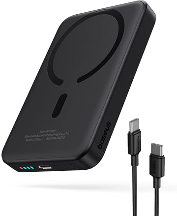 Baseus Magsafe Power Bank, Batería Externa Magnética 10000mAh Inalámbrica para iPhone 15/14/13/12 Series, PD 20W USB-C Mini Powerbank Carga Rápida, Negro